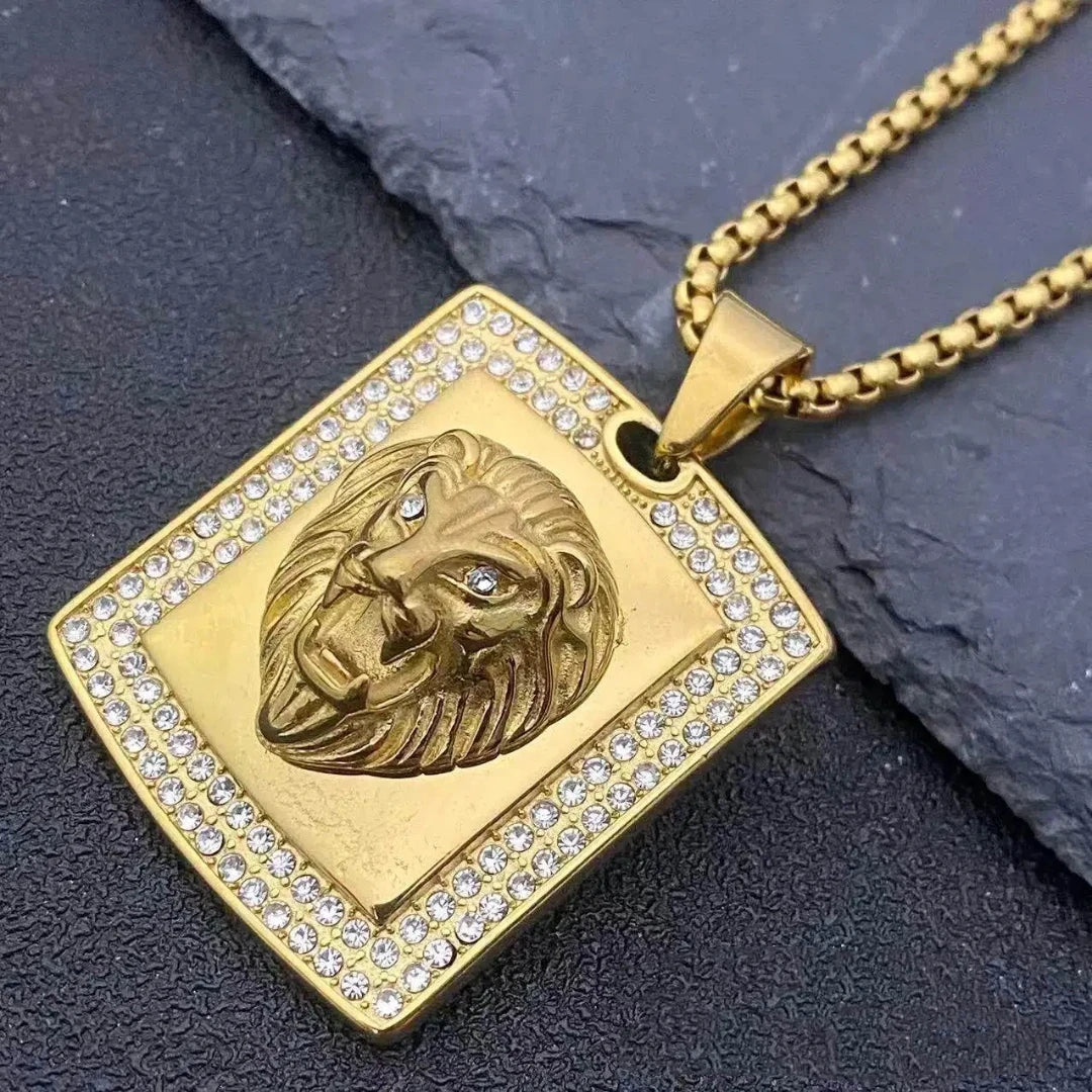 Iced Out Lion Head Pendant Necklace — Stainless Steel
