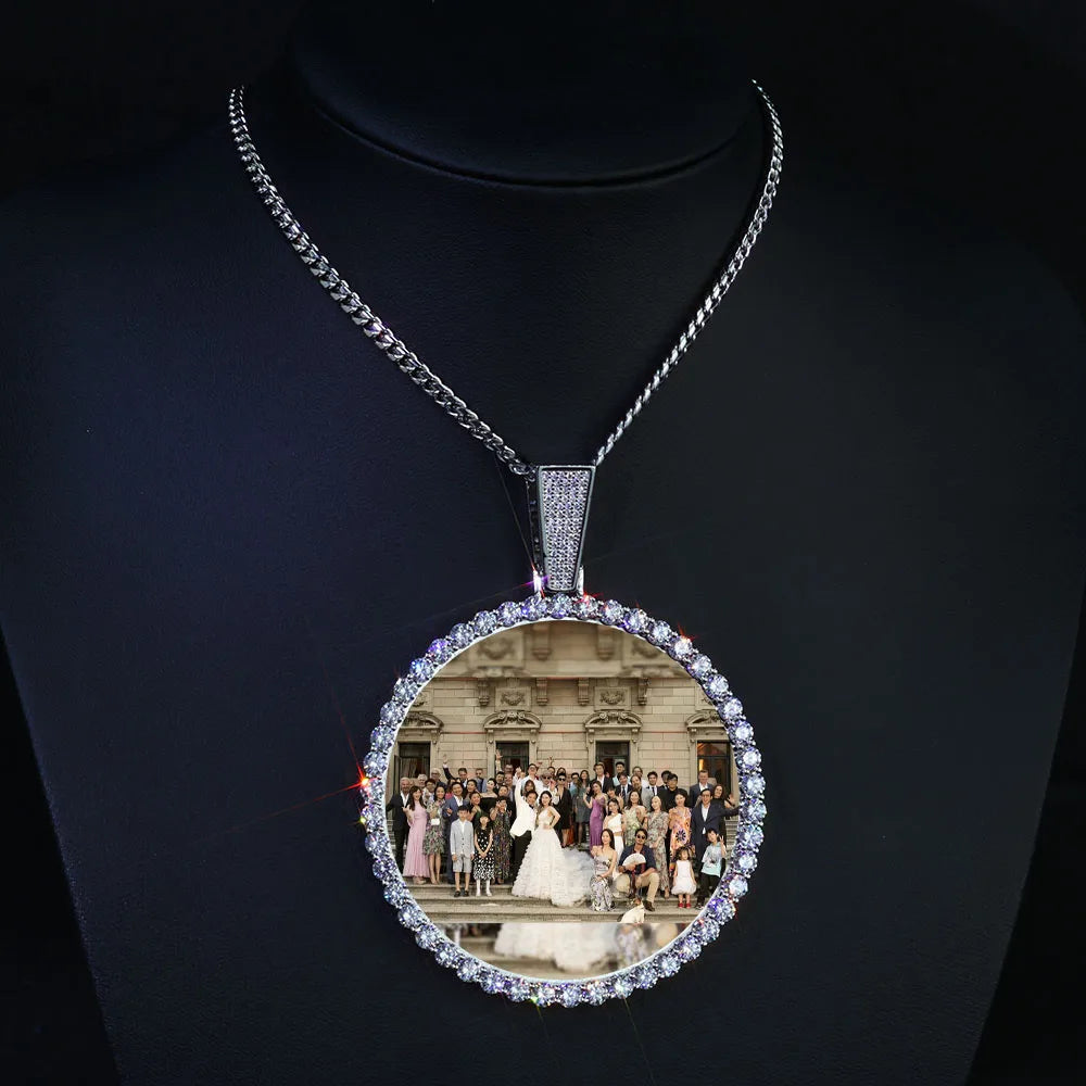 HHIOK Customized Necklaces Circle Chain Picture Personalized Diamond Memory Pendant with Photo Wing Design Gift for Men