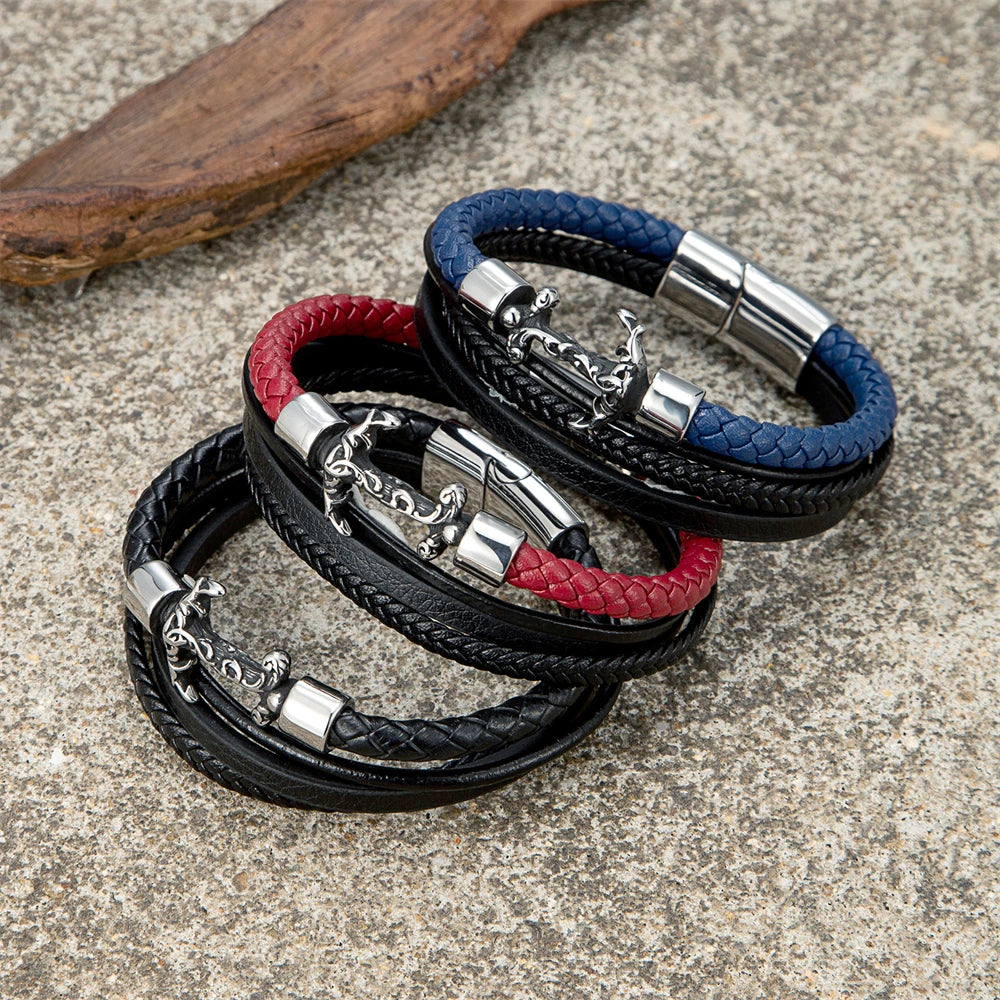 Men's Handmade Anchor Bracelet Women Punk Vikings Stainless Stee Multi-layer Leather Bangle Vintage Nautical Style