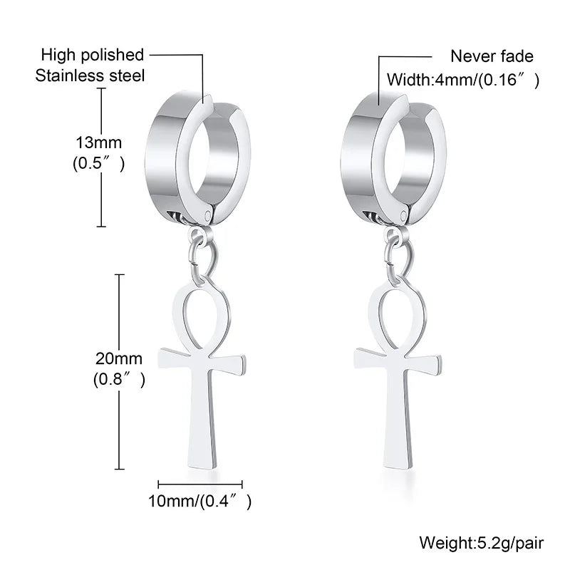 Ankh Cross Huggie Hoop Earrings — Stainless Steel