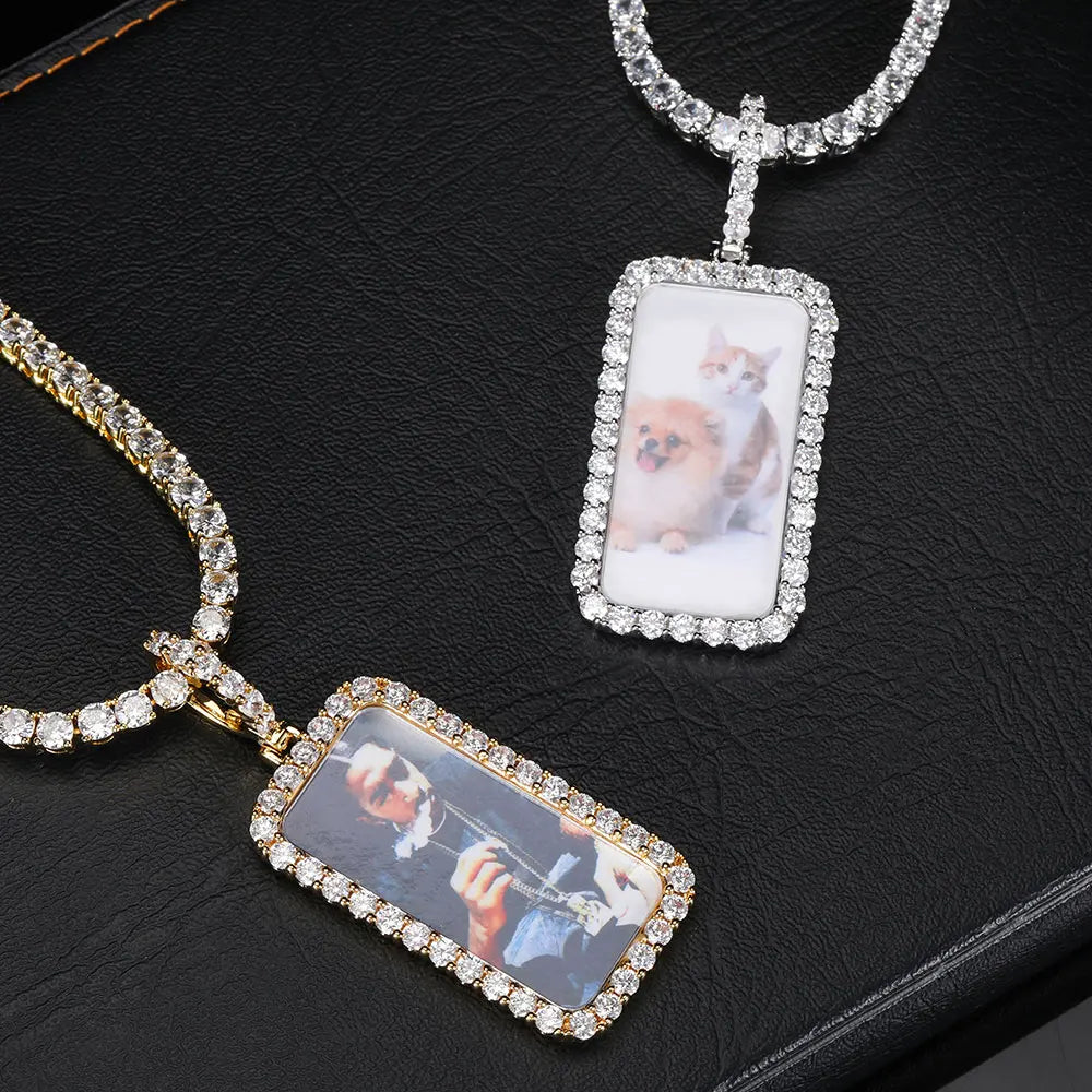 Iced Out Photo Pendant Necklace Rectangle