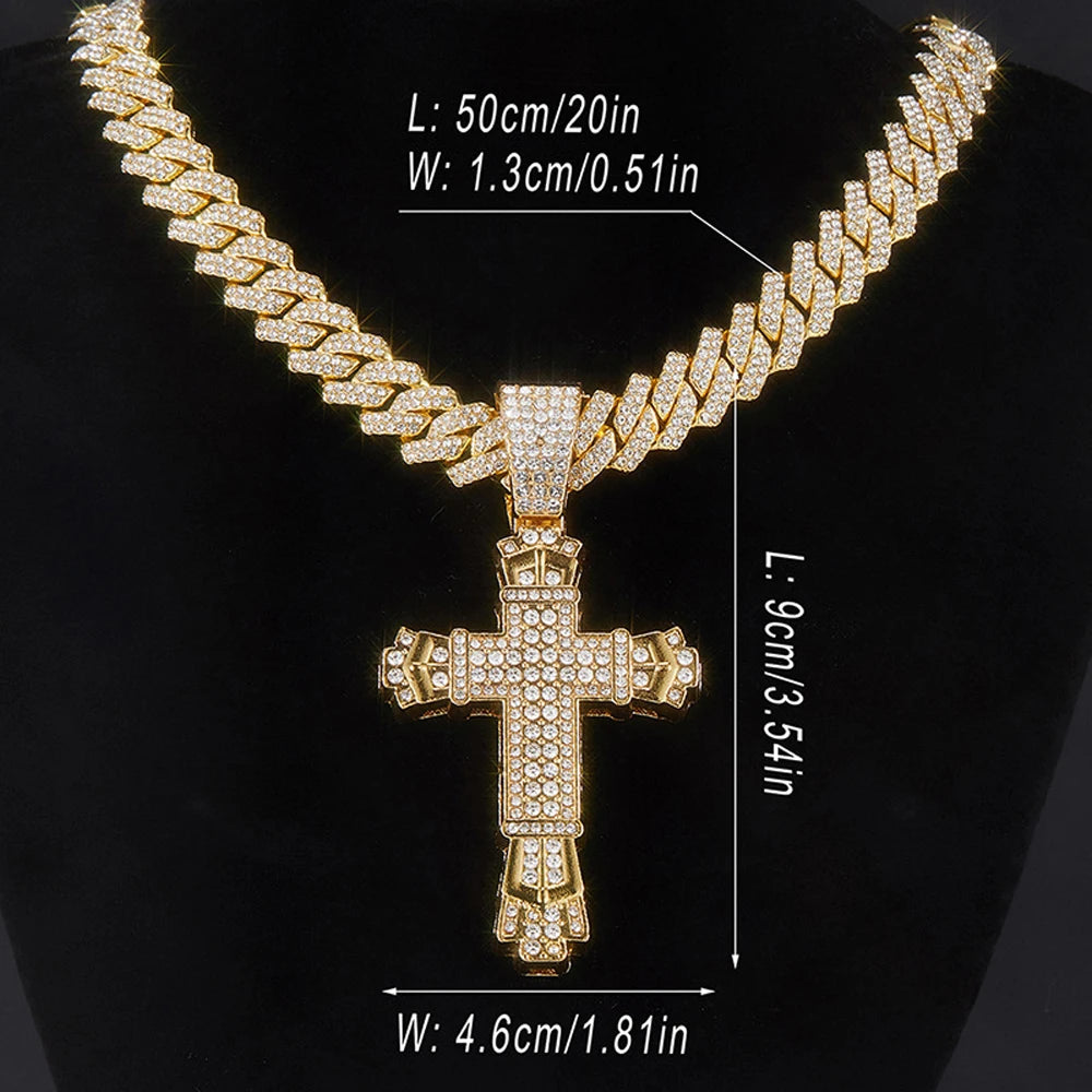 Iced Out Cross Pendant Necklace with Miami Cuban Chain Link