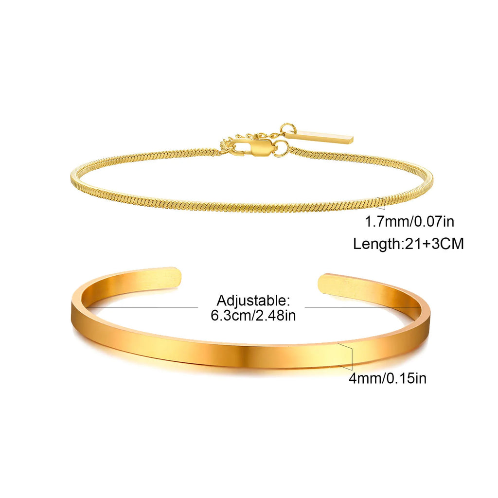 Minimal Chain Link Cuff Bracelet Set — Stainless Steel
