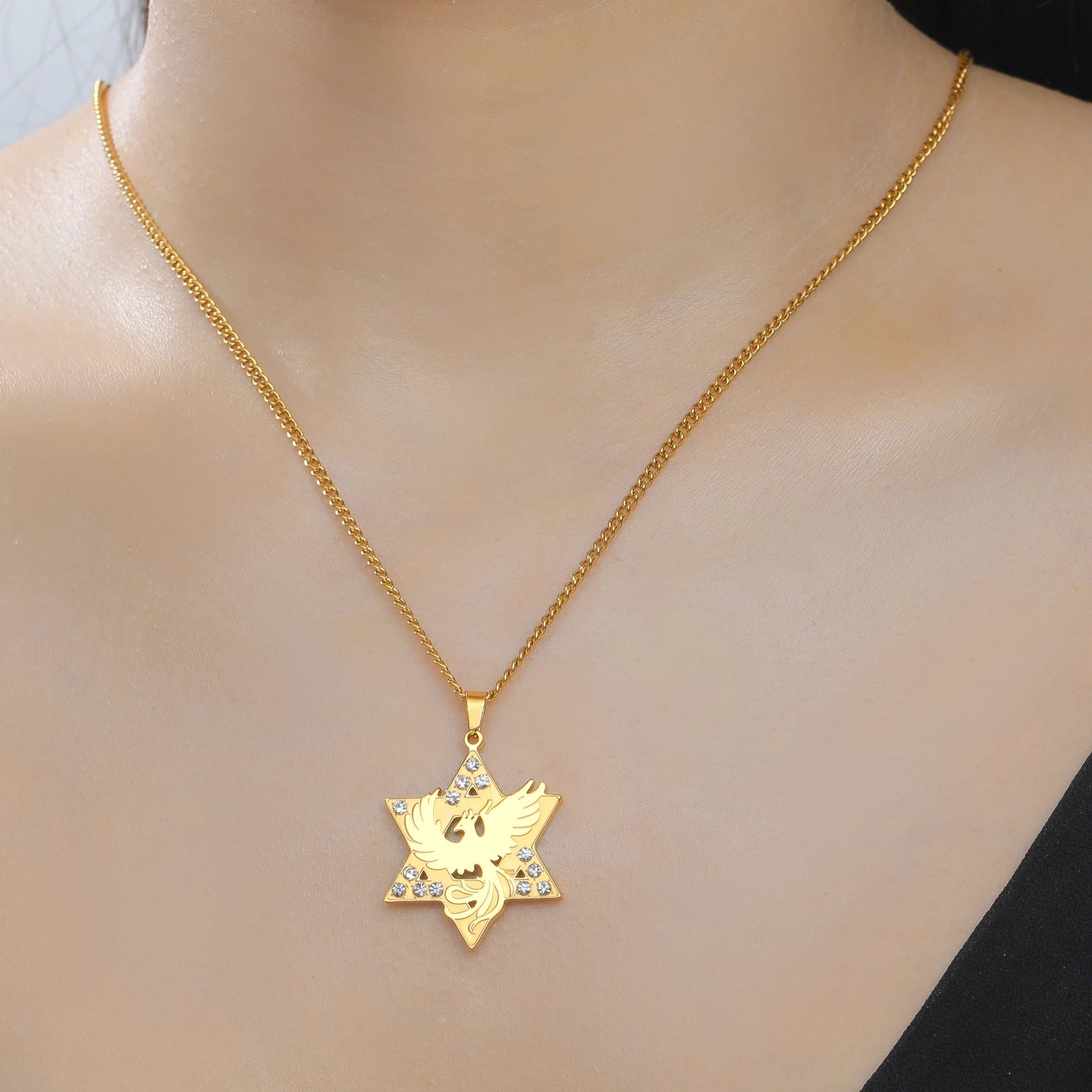 Star Hexagram Phoenix Star of David Pendant Necklace Supernatural Amulet Chain For Woman Men Crystal Stainless Steel Jewelry