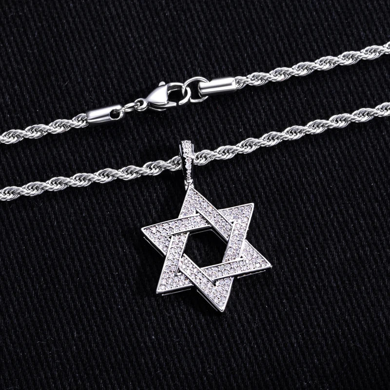 MossanRappr Full Moissanite Iced Out Star of David Pendant Necklace Hip Hop Hexagram Rope Chain for Men Women