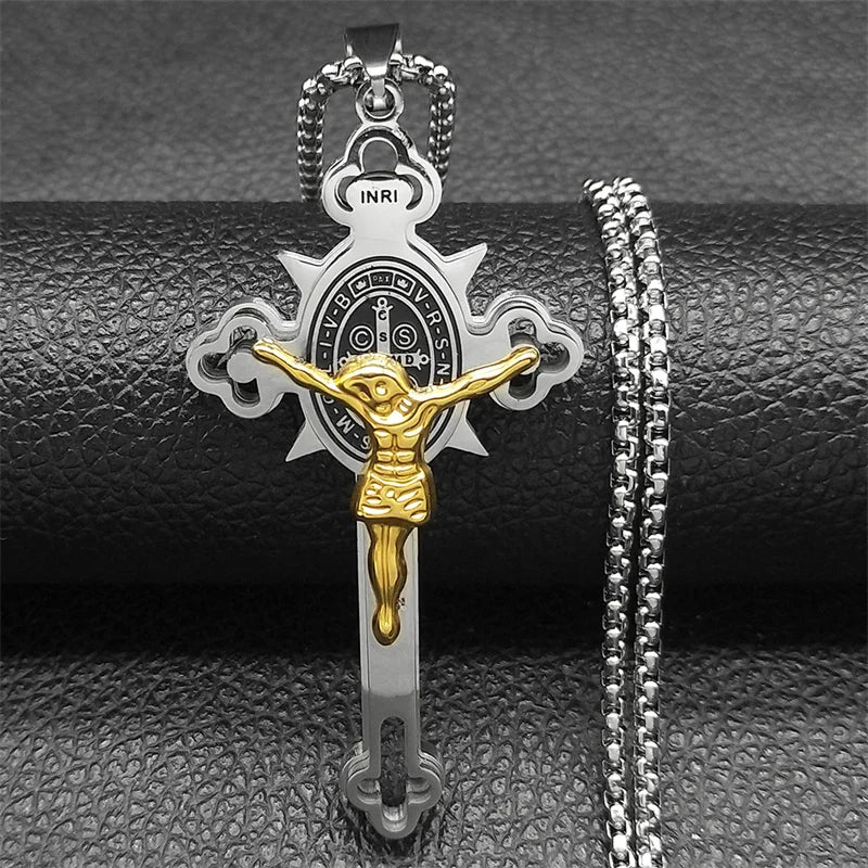 Saint Benedict Crucifix Cross Pendant — INRI Box Chain 60cm
