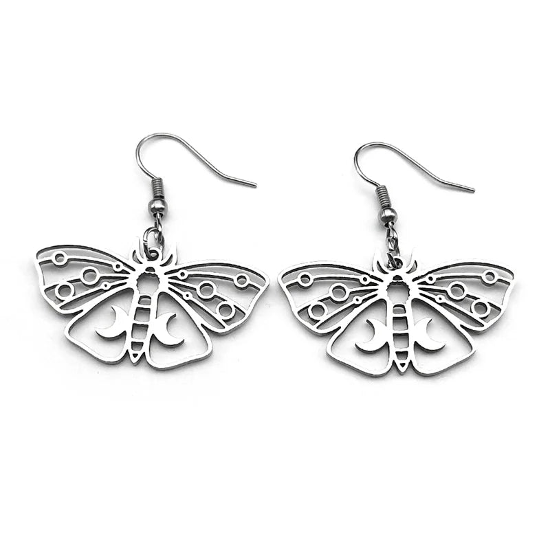 Butterfly Silver Earrings Gothic Crescent Moon