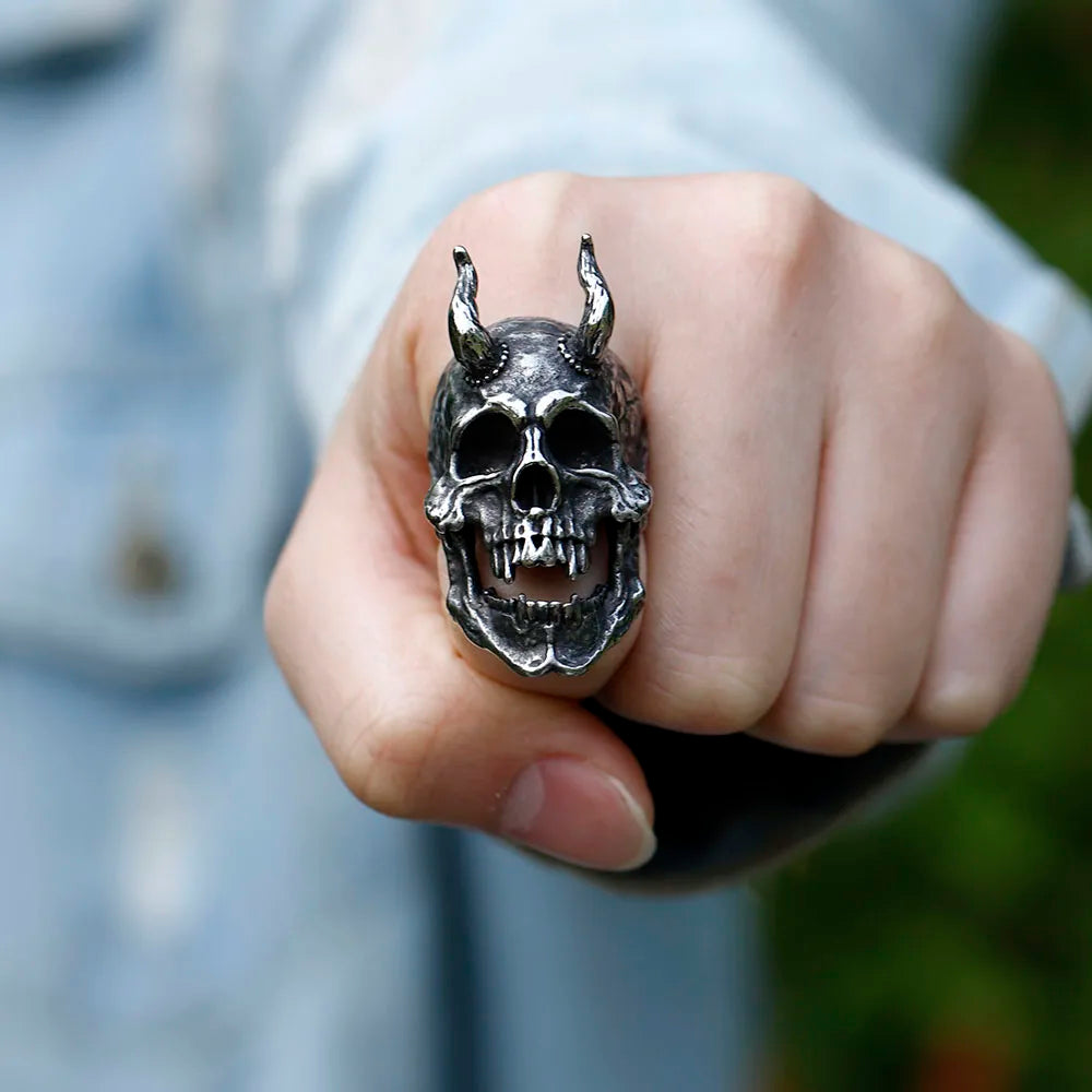 Horned Satan Skull Ring — 316L Stainless Steel
