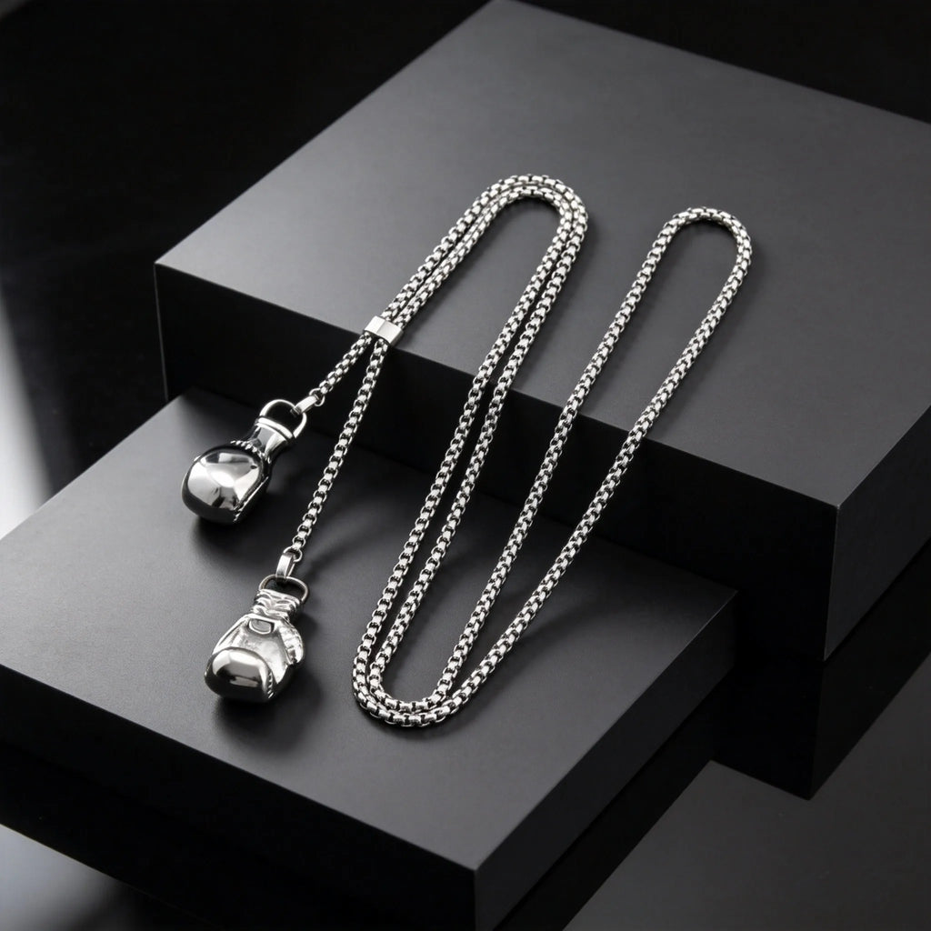 Men's Stainless Steel Boxing Glove Pendant Necklace, Adjustable Drawstring Long Chain Necklace, Creative Fashion Jewelry for Men