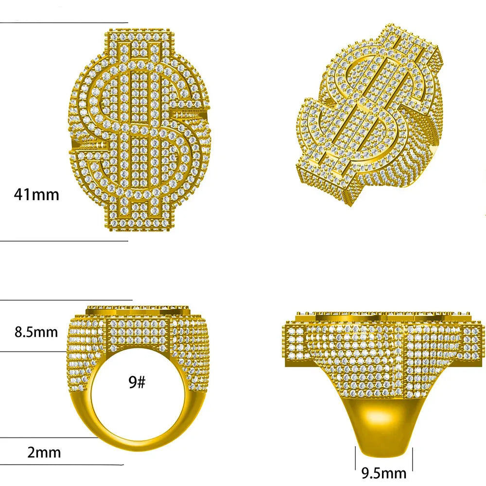 Gold Iced Out Money Sign Ring Statement
