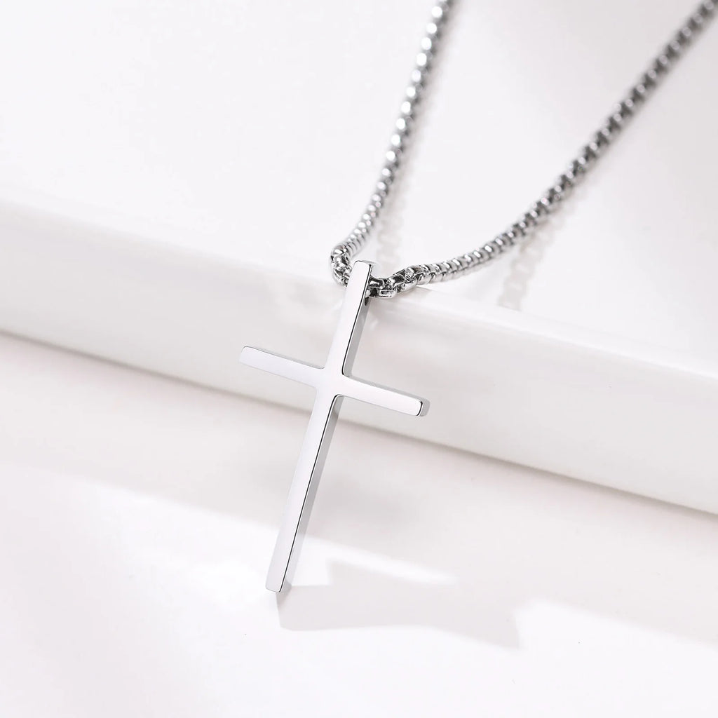 Vnox Dropshipping Mens Cross Necklaces Stainless Steel Layered Plain Cross Pendant Rope Box Chain Necklace Prayer Jesus Collar