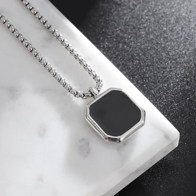 Stainless Steel Square Black Natural Stone Necklace Beautiful Geometric Polygon Pendant for Women Casual Punk Jewelry