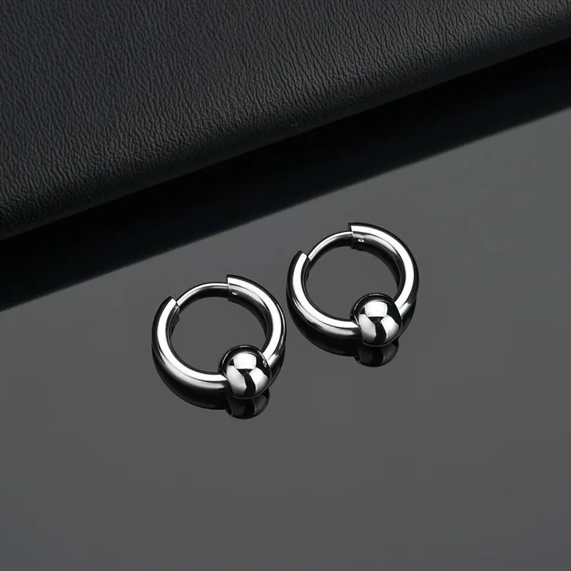 2pcs Stainless Steel Hoop Earrings For Men Small Circle Metal Ball Anti-allergic Ear Buckle Rock Hip Hop Artificial