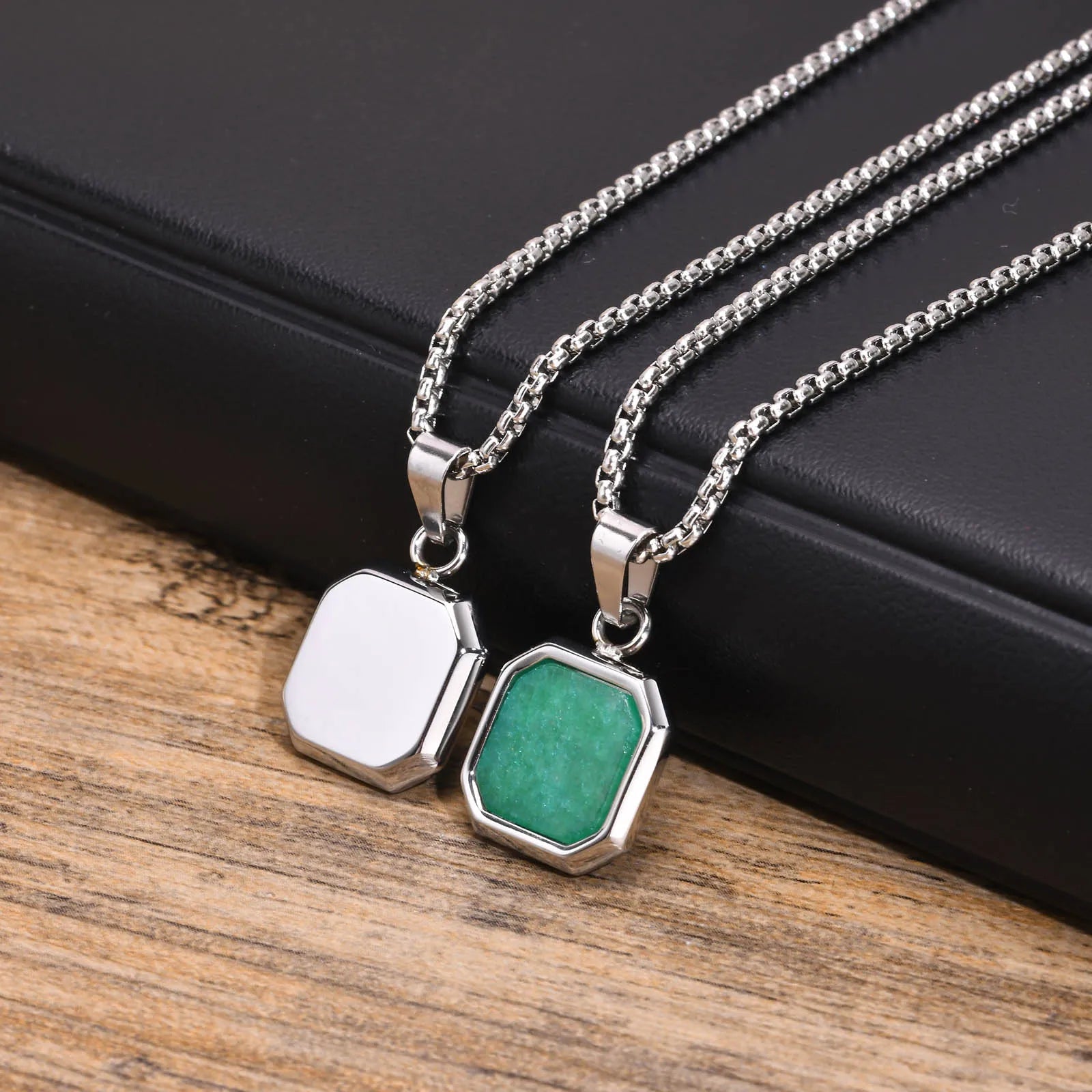 Natural Stone Geometric Pendant — Stainless