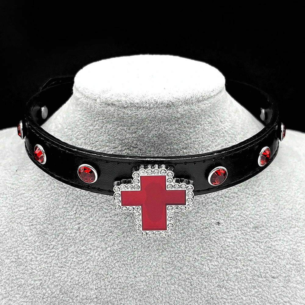 Gothic Cross Leather Choker Necklace