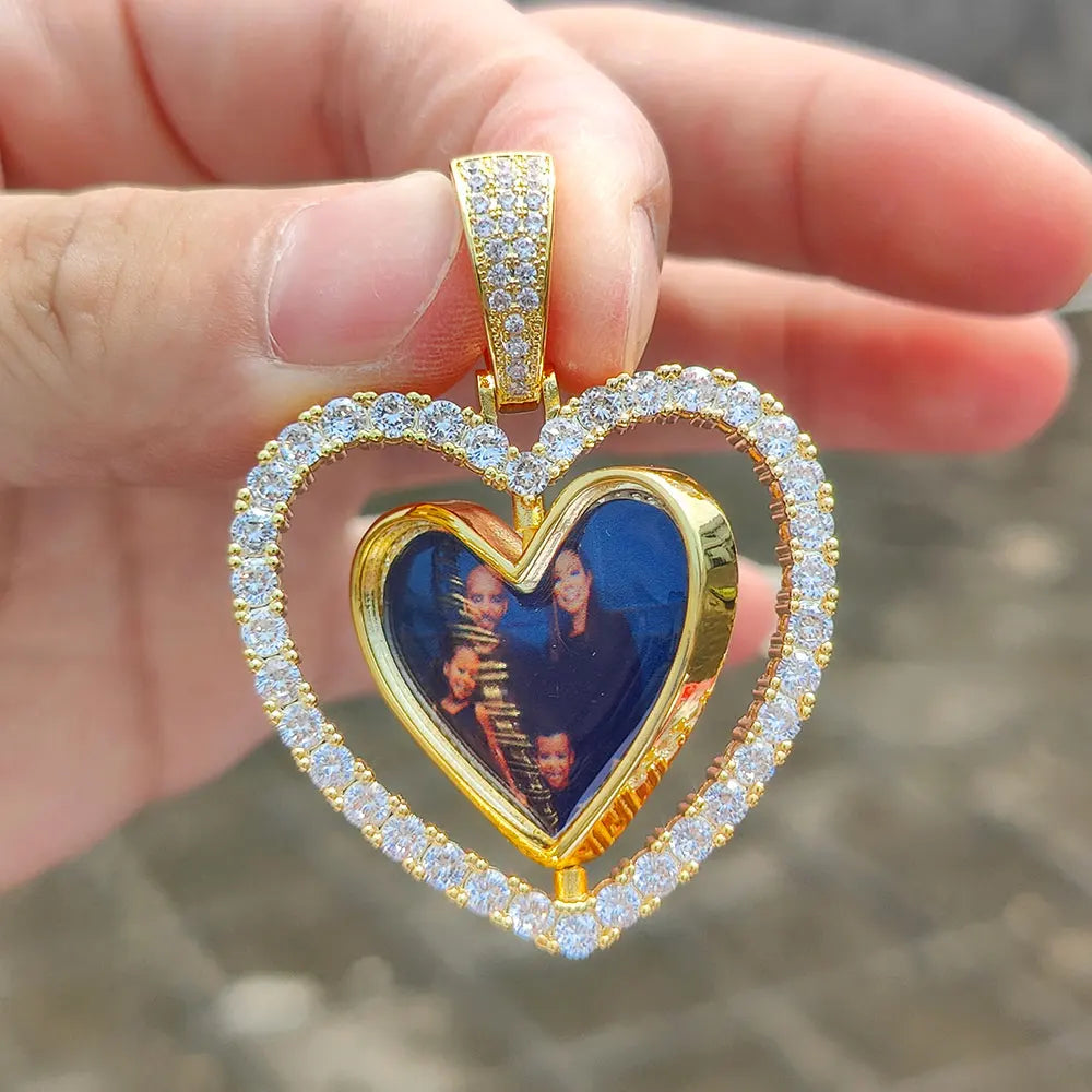 Iced Out Heart Photo Pendant Necklace