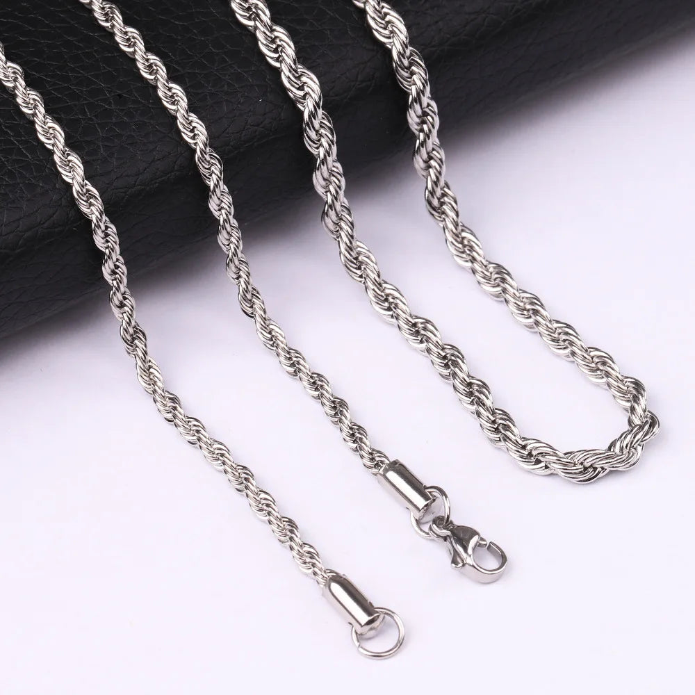 Silver Color 3mm Stainless Steel Necklace Men Twist Chain Basic Chain Hip Hop Jewelry Trend Accessories