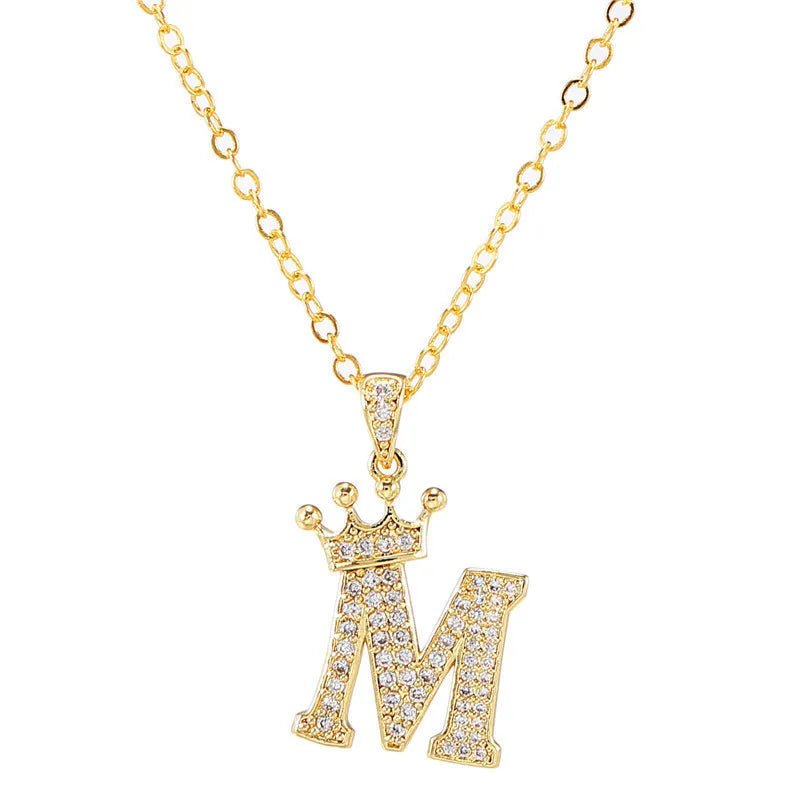 Crown Initial Letter Pendant Necklace — Copper