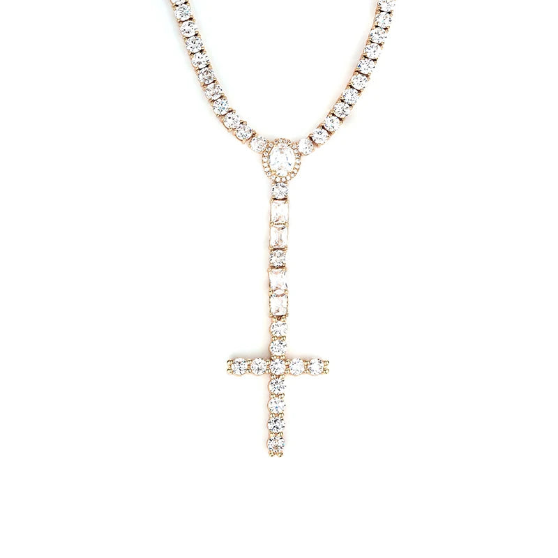 Iced Out Cross Pendant Tennis Chain Necklace — Copper Alloy