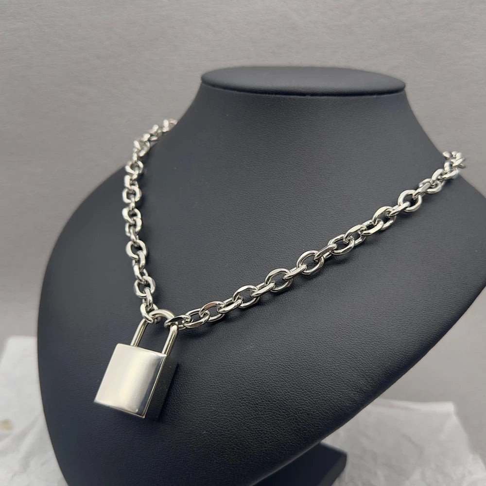 Punk Solid Stainless Steel Chain Oversized Padlock Necklace Women Mens Unisex Chunky Heavy Lock Key Necklace Handmade Jewelry
