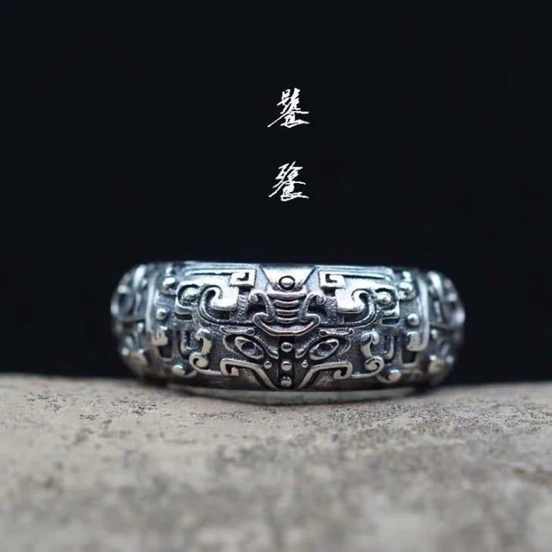 Retro Taotie Chinese Mythology Ring For Men Silver Color Punk Gothic Adjustable Ring Unisex Jewelry Accessories Gift