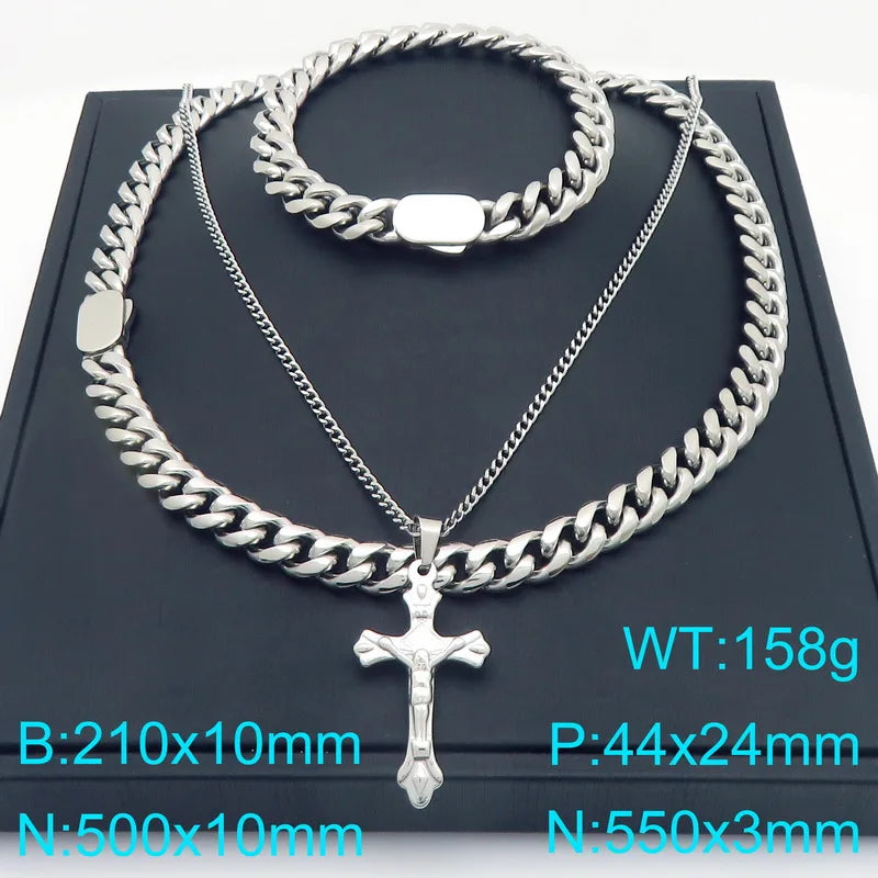 Men's Double Layer Cross Pendant Necklace for Men Gold Color Stainless Steel Cuban Link Chain Necklaces Bracelets