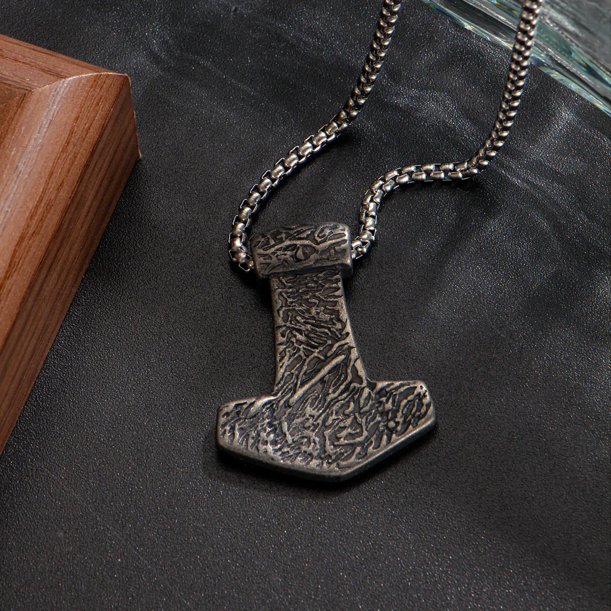Mjolnir Thor Hammer Box Chain Pendant Necklace — Stainless Steel