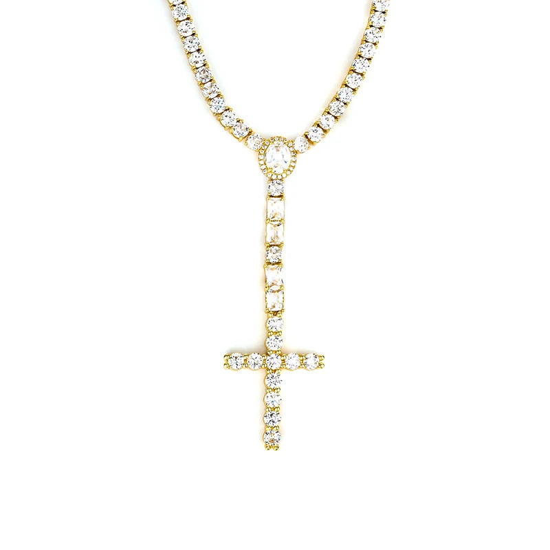 Iced Out Cross Pendant Tennis Chain Necklace — Copper Alloy