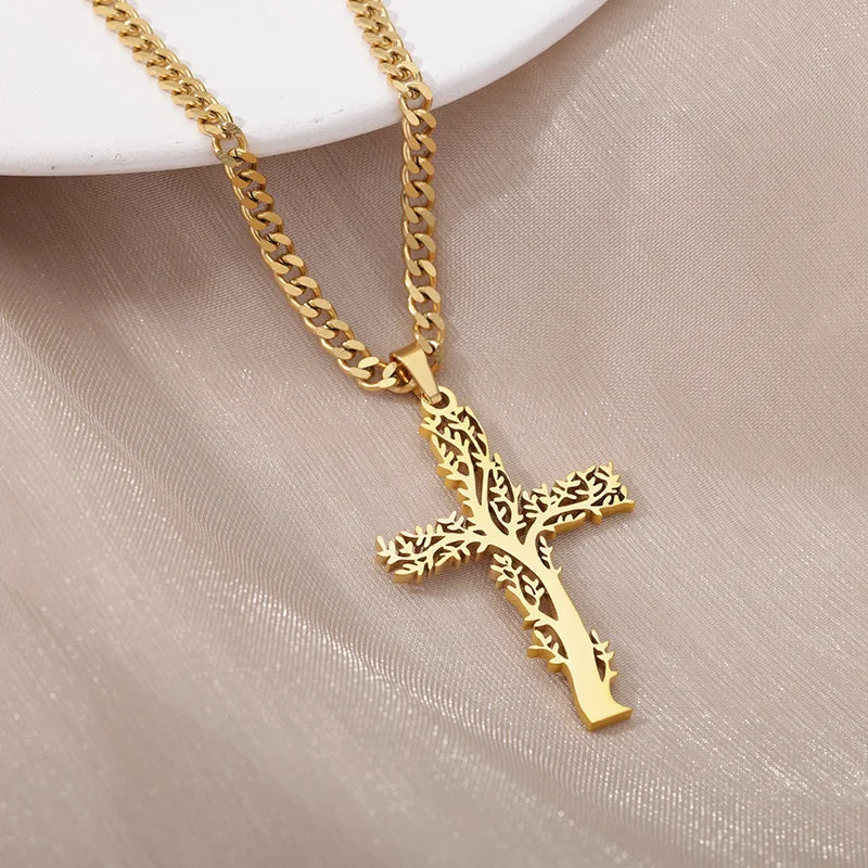 Stainless Steel Tree of Life Cross Necklaces for Women Gold Color Chain Necklace Aesthetic Collar Jewelry Accessories Gift