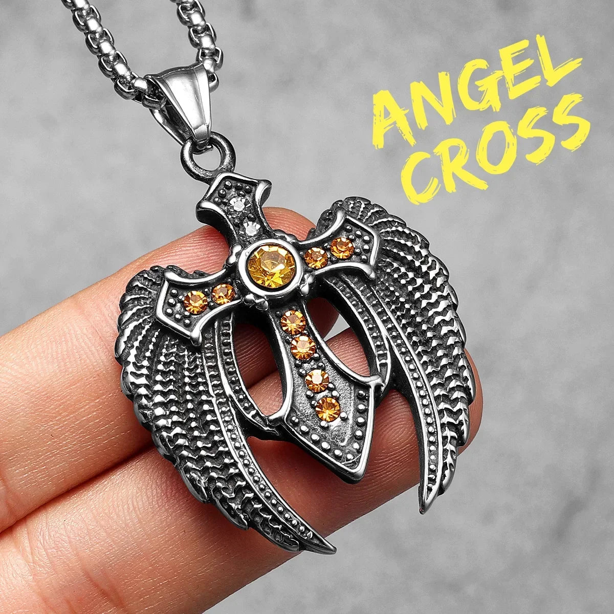Angel Wing Cross Pendant — Stainless Steel