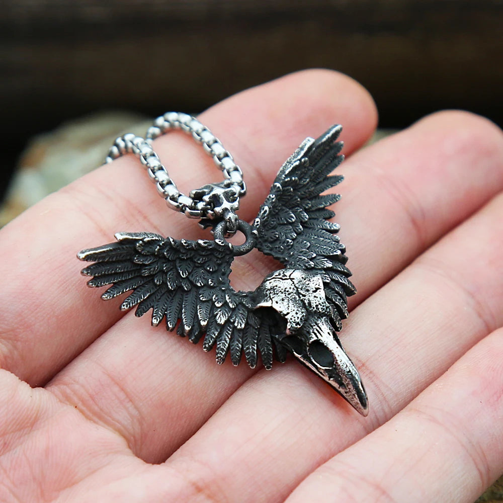 Vintage Punk Raven Skull Pendant Black Stainless Steel Wing Necklace Men Biker Unique Animal Amulet Jewelry Gifts
