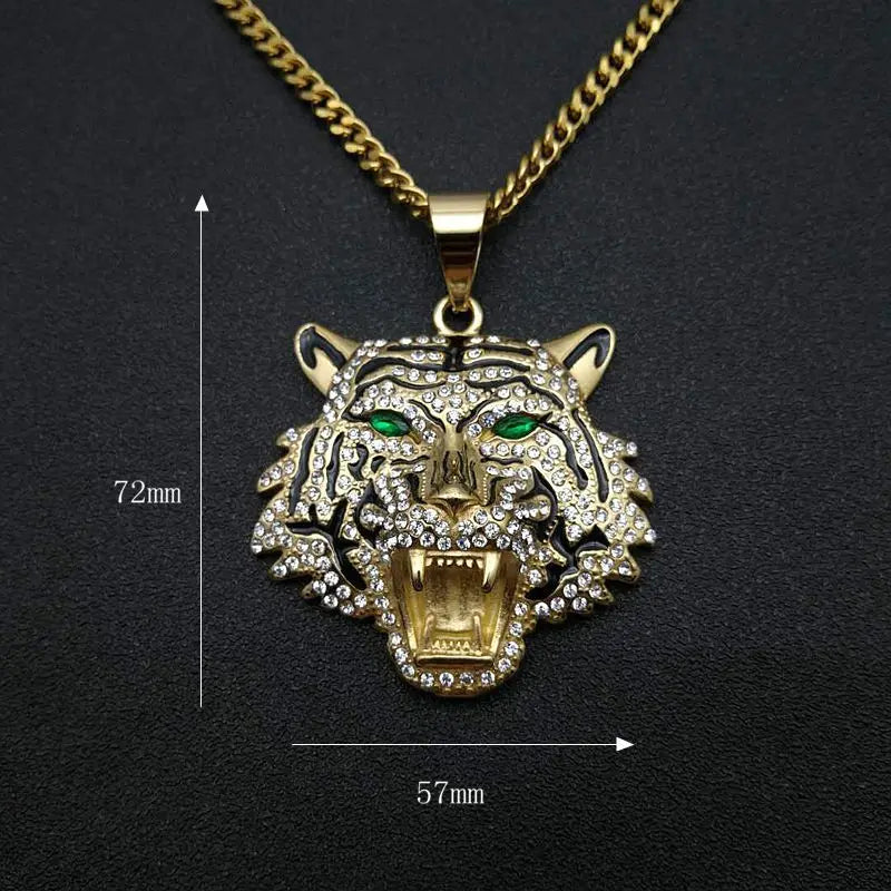Fanshu Gold Plated Stainless Steel Luxury Bling Iced Out Tiger Pendant Collar Chains Necklace for Men Women Gift Punk