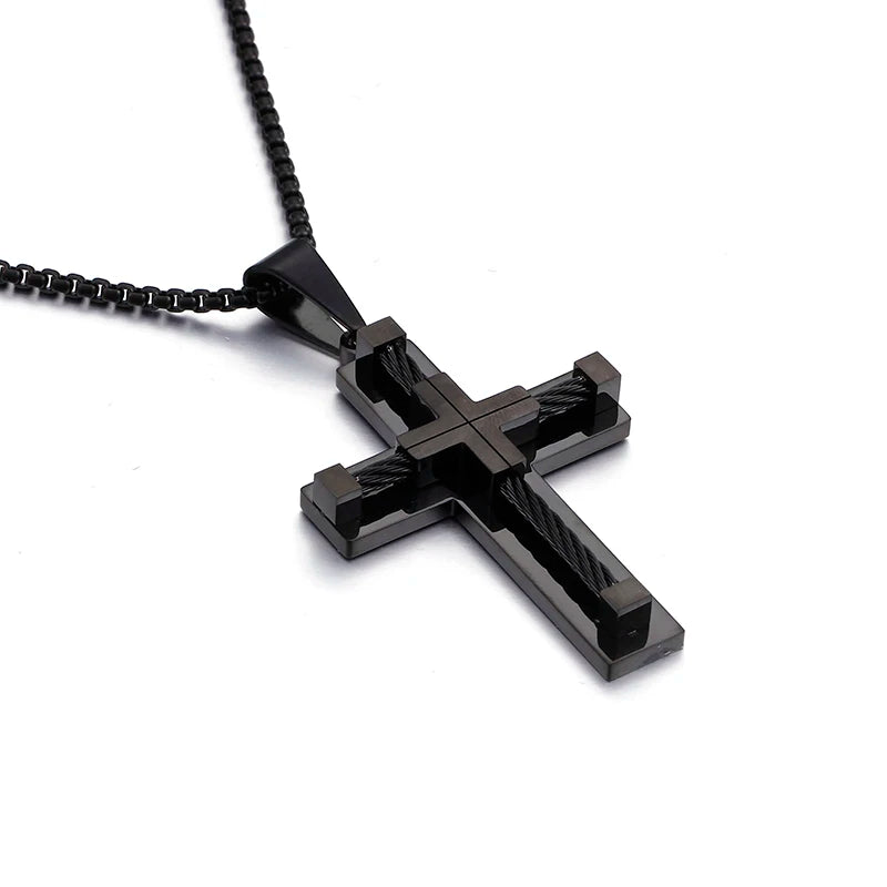 Fongten Stainless Steel Pendant Necklace for Men Multiple Color Cable Cross Twisted Link Chain Male Neck Christian