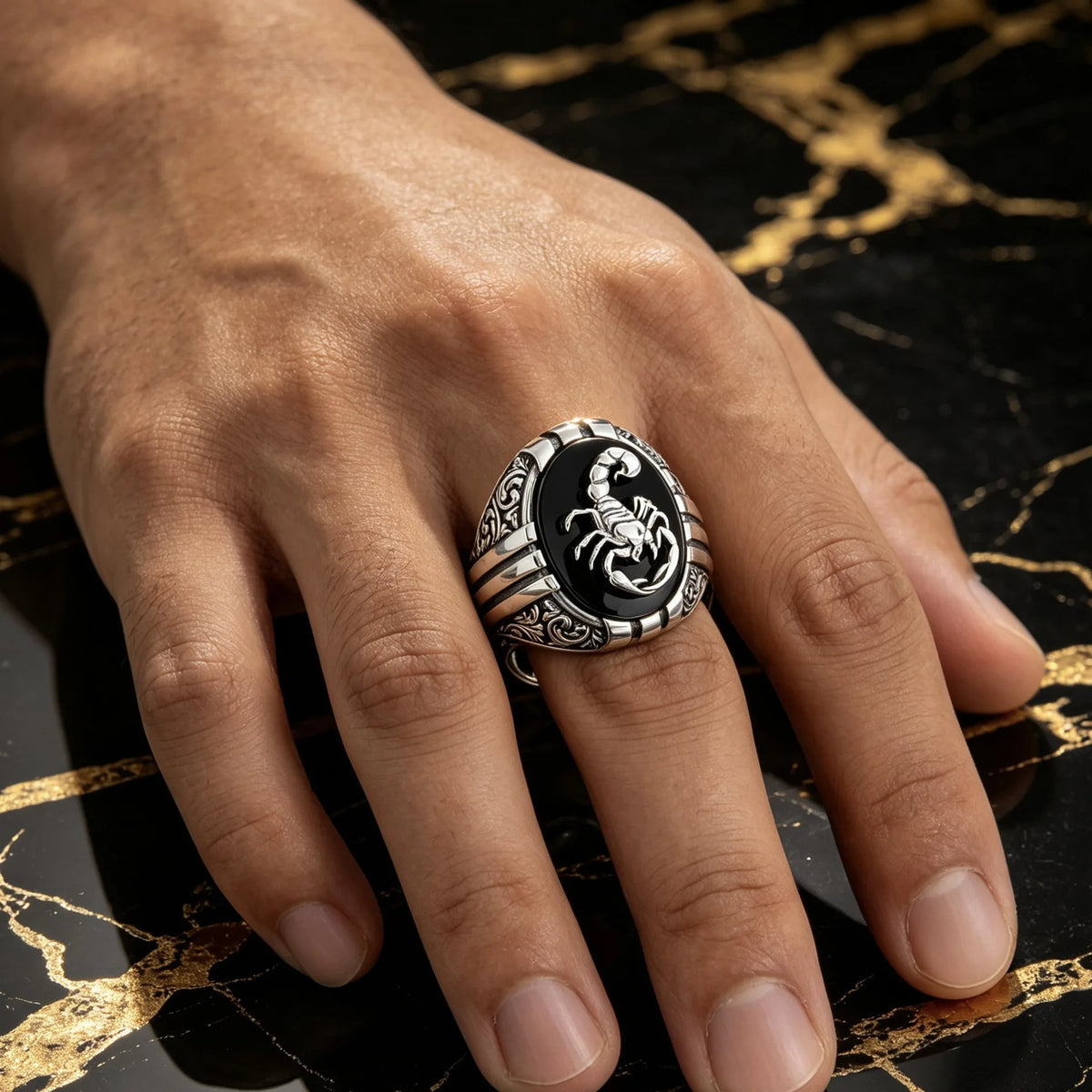 Vintage Scorpion Signet Ring for Men, Carved Black Onyx Inlay Punk Gothic Finger Ring, Scorpio Zodiac Statement Jewelry