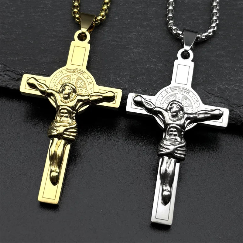 Saint Benedict Jesus Crucifix Chain Necklace — Stainless Steel