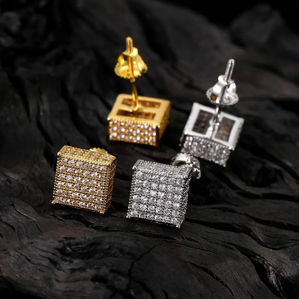 Gold Color Earrings For Men Women Punk Silver Color Square Cubic Zirconia Earings Sparkling Jewelry Gift For Male