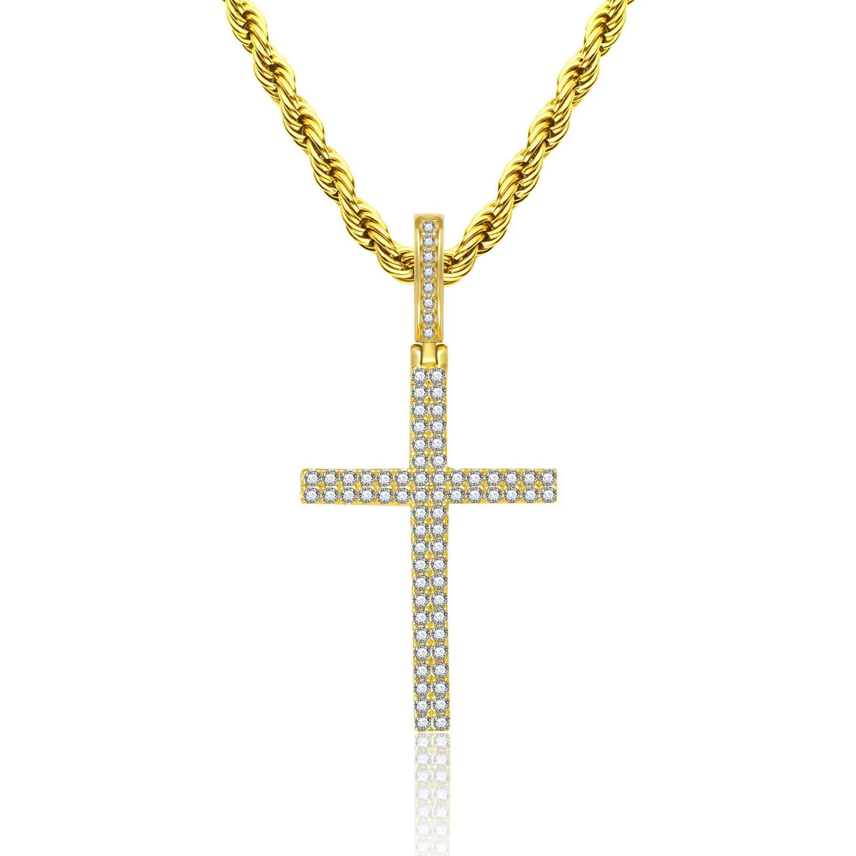 Classic Iced Out CZ Cross Pendant Necklace — Gold-Tone