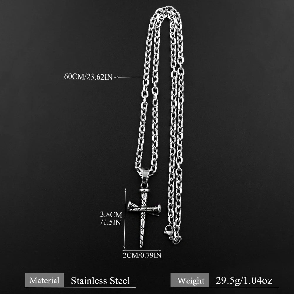 Vintage Nail Spike Cross Pendant Necklace — Stainless Steel