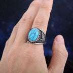 Viking Odin Wolf Rune Ring, Blue Stone — Stainless Steel