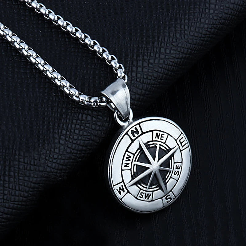 Viking Compass Pendant Necklace Silver Stainless Steel