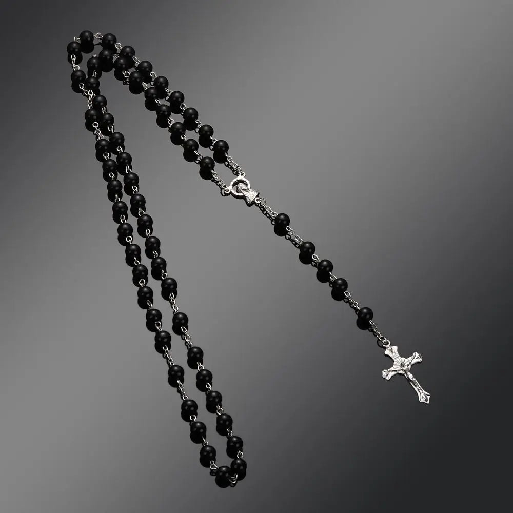 Vintage Catholic Rosary Necklace — Glass Bead Crucifix Cross
