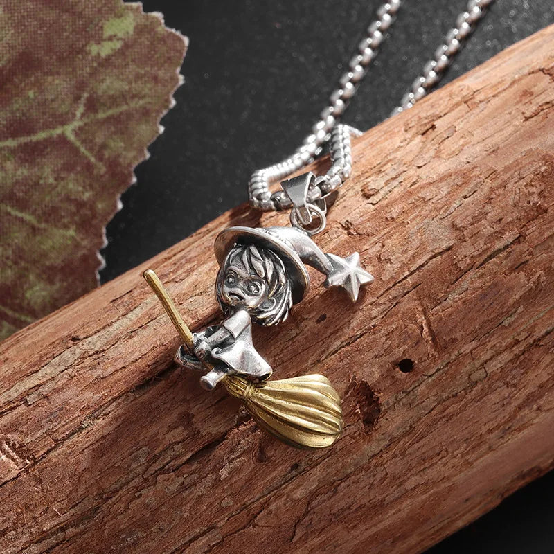 Gold Star Witch Pendant Necklace Retro