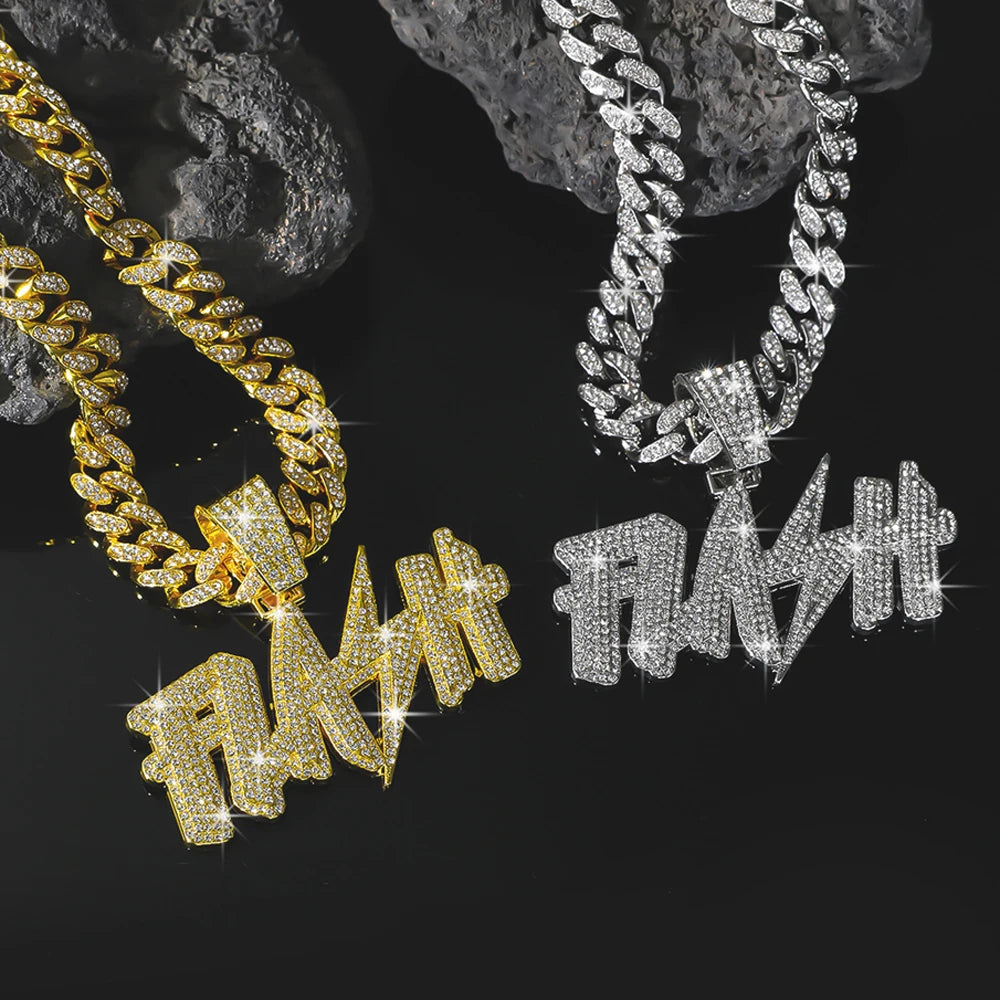 New Hip Hop Flash Lightning Large Letter Pendant Necklace With 13mm Cuban Chain Letters Necklaces For Men's Women Rapper Jewelry