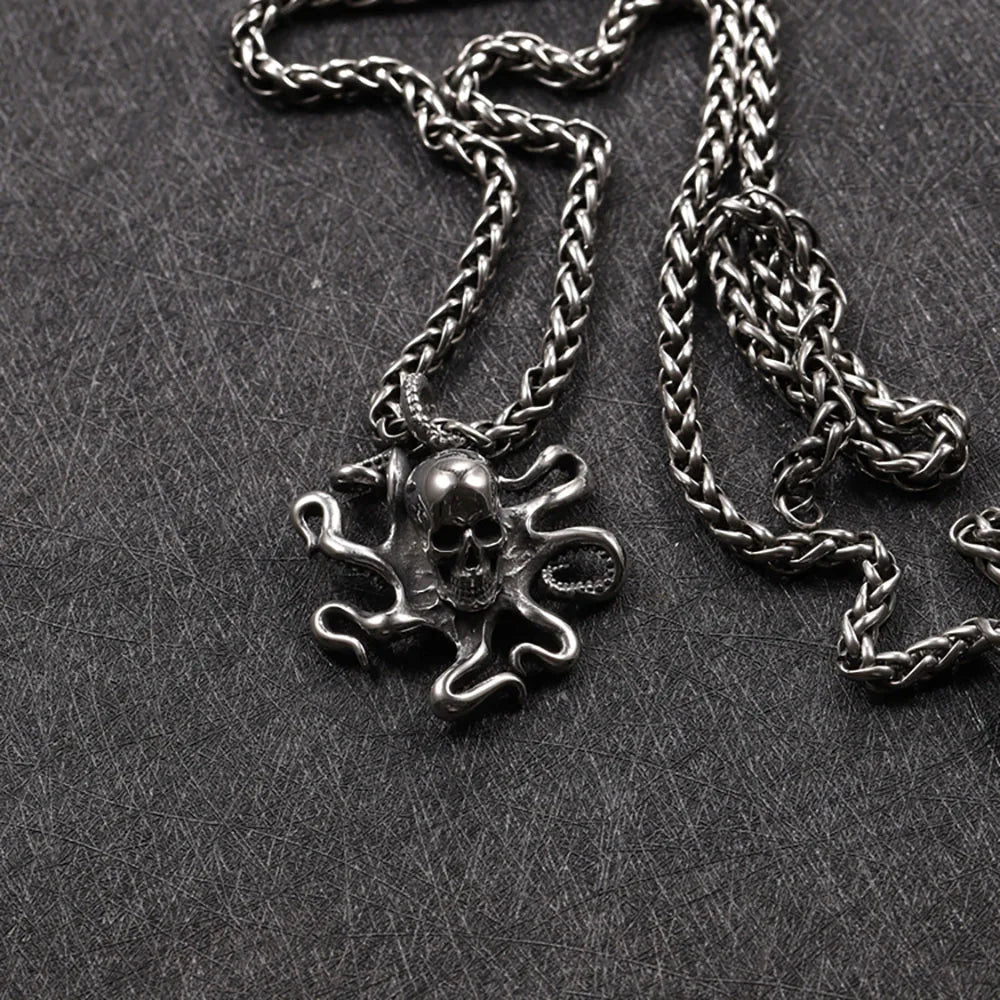Gothic Pirate Octopus Skull Necklace Pendant Men Retro Street Rock Stainless Steel Octopus Necklace Chain Jewelry