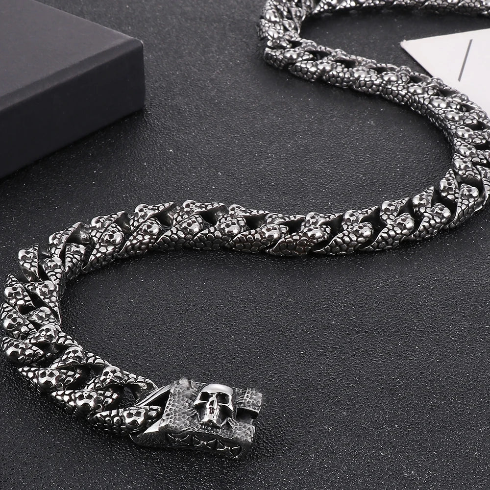 Gothic Skull Link Chains Necklace for Men Punk Stainless Steel Statement Halloween Skeleton Jewelry Accessories Men's