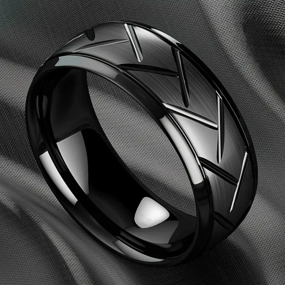 Black Multi-Faceted Groove Ring — Stainless Steel