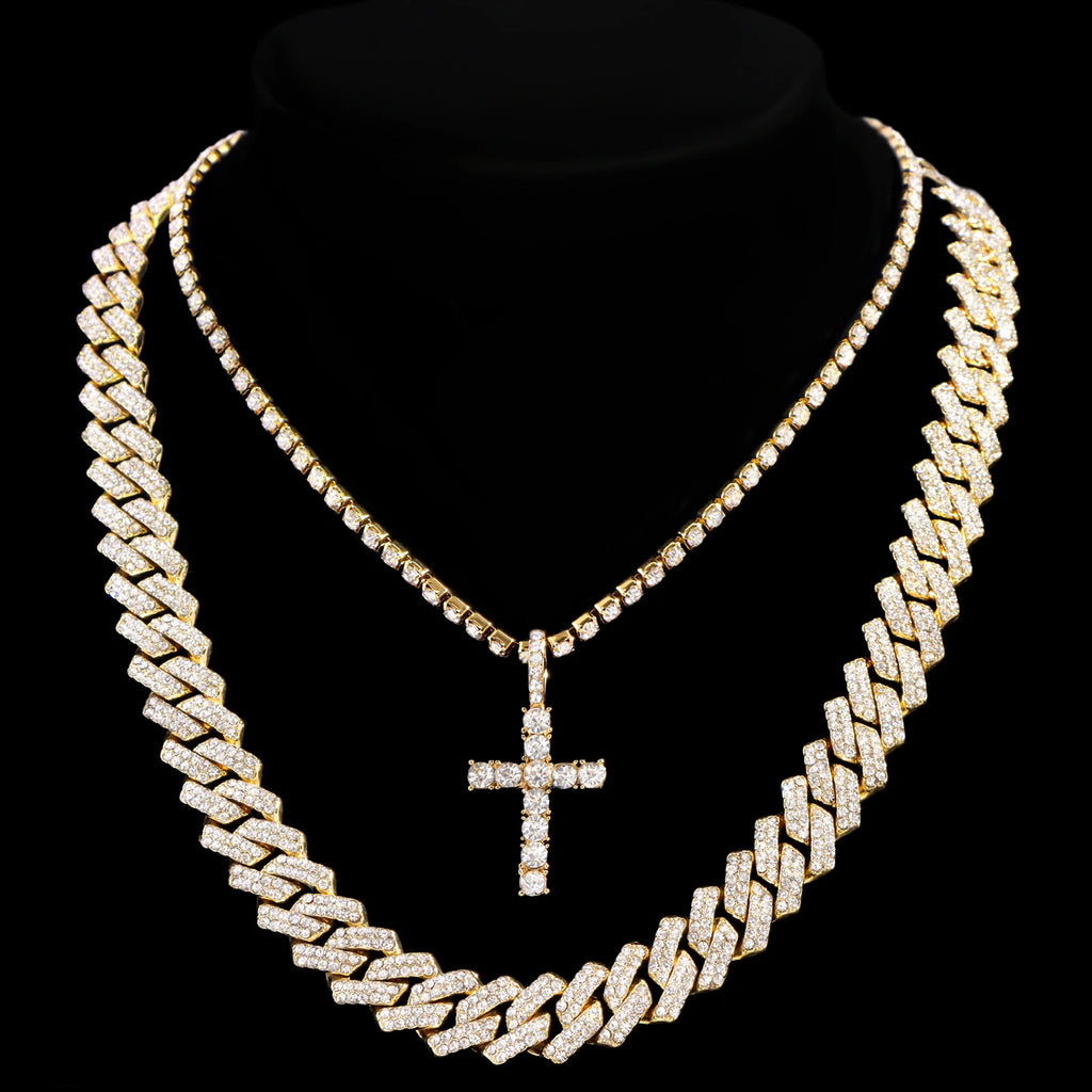 2Pcs Punk Crystal Cross Ankh Tennis Chain Iced Out Prong Cuban Link Chain Necklace For Men Women Rapper Necklaces