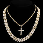 2Pcs Punk Crystal Cross Ankh Tennis Chain Iced Out Prong Cuban Link Chain Necklace For Men Women Rapper Necklaces