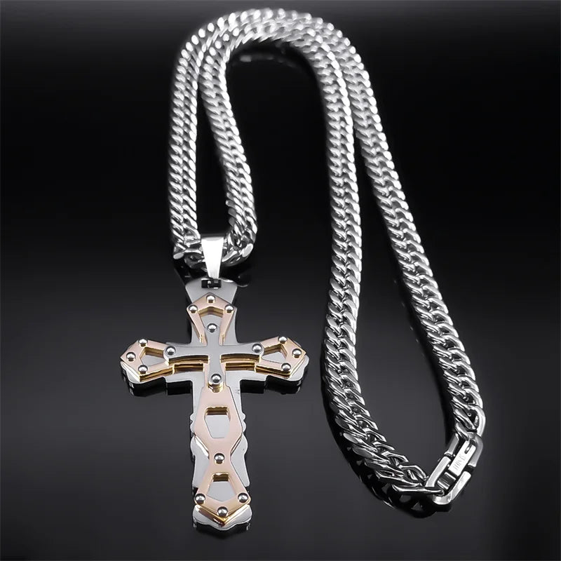 Cross Jesus Crucifix Two-Tone Pendant Layered