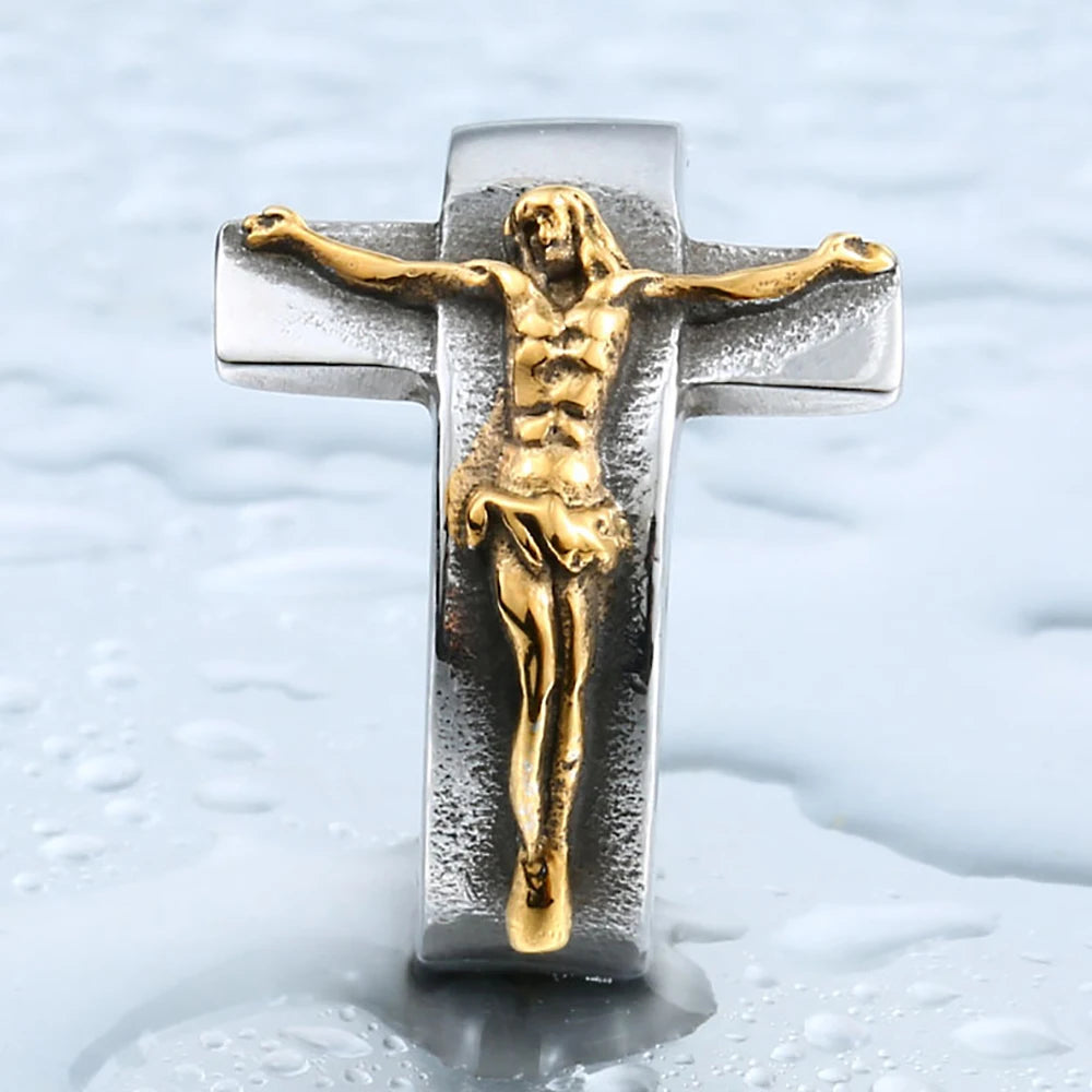 Men's Vintage Stainless Steel Jesus Cross Rings Fashion Character Relief Religious Ring Creative Party Gothic Jewelry